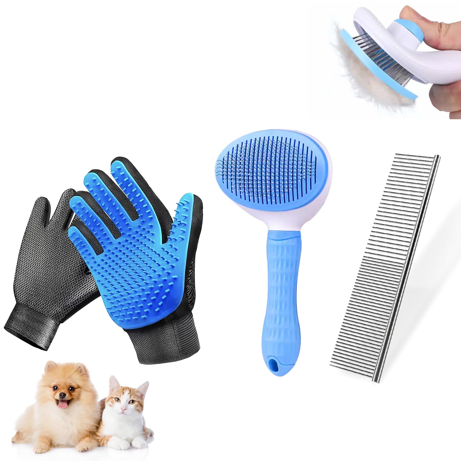 FOR-HI Hundebürste, Fellpflegebürsten-Set, 4-teilig, Hundebürste zum Ausfallen, ein Paar Hundewaschhandschuhe, Haustier-Metallkamm entfernt lose Unterwolle, Matten, Verfilzungen und Schmutz, Massagen