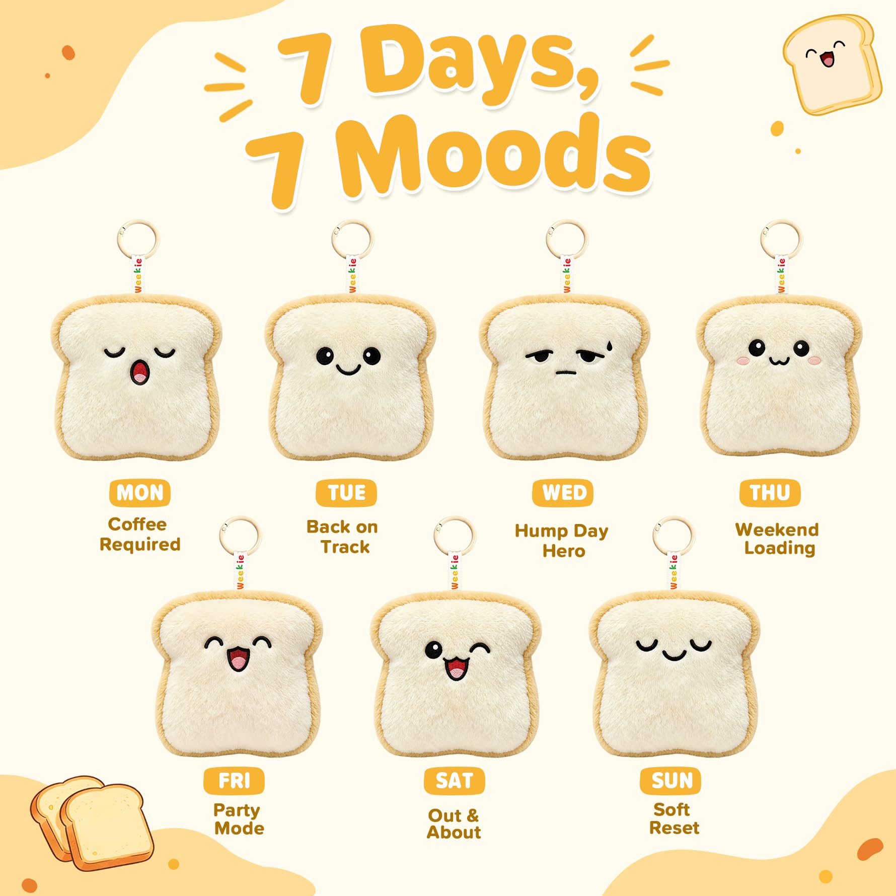 Ausener Weekie Wonders - Ciondolo a forma di toast emotivo, morbido peluche, regalo divertente per mamma, adolescenti, adulti e colleghi (confezione da 7, toast)