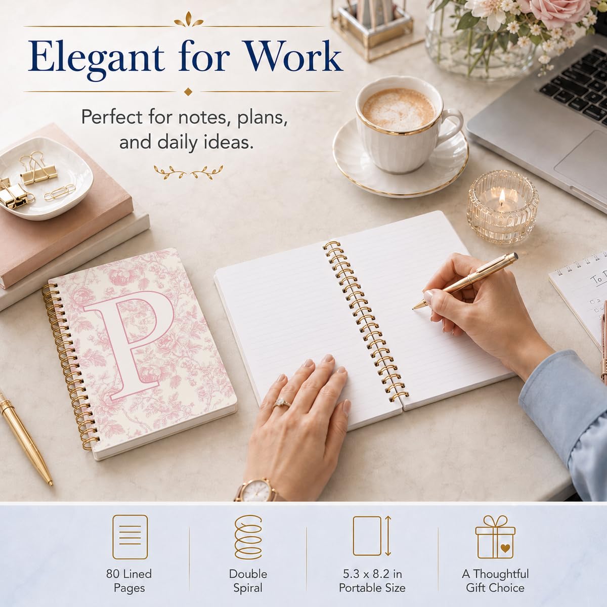 Taccuino con iniziale rosa ricamato P, diario per insegnanti, quaderno estetico, monogramma personalizzato regalo di cancelleria per donne, materiale scolastico preppy per ragazze, 14 x 20