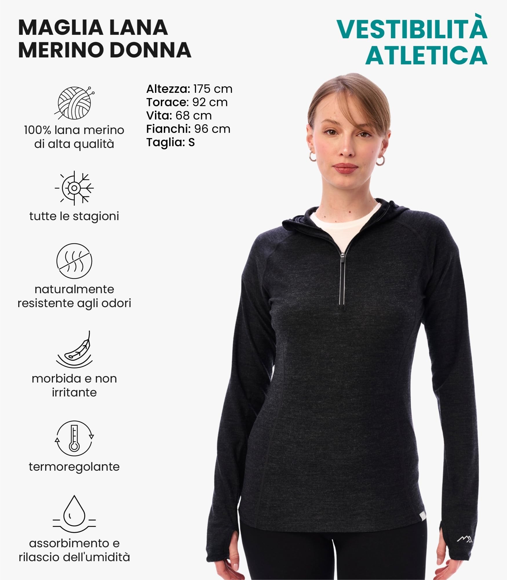 Merino.tech Felpa Maglione Lana Merino Donna Mezza Zip - Taglio Slim 100% Intimo Termico Lana Merino e Calze