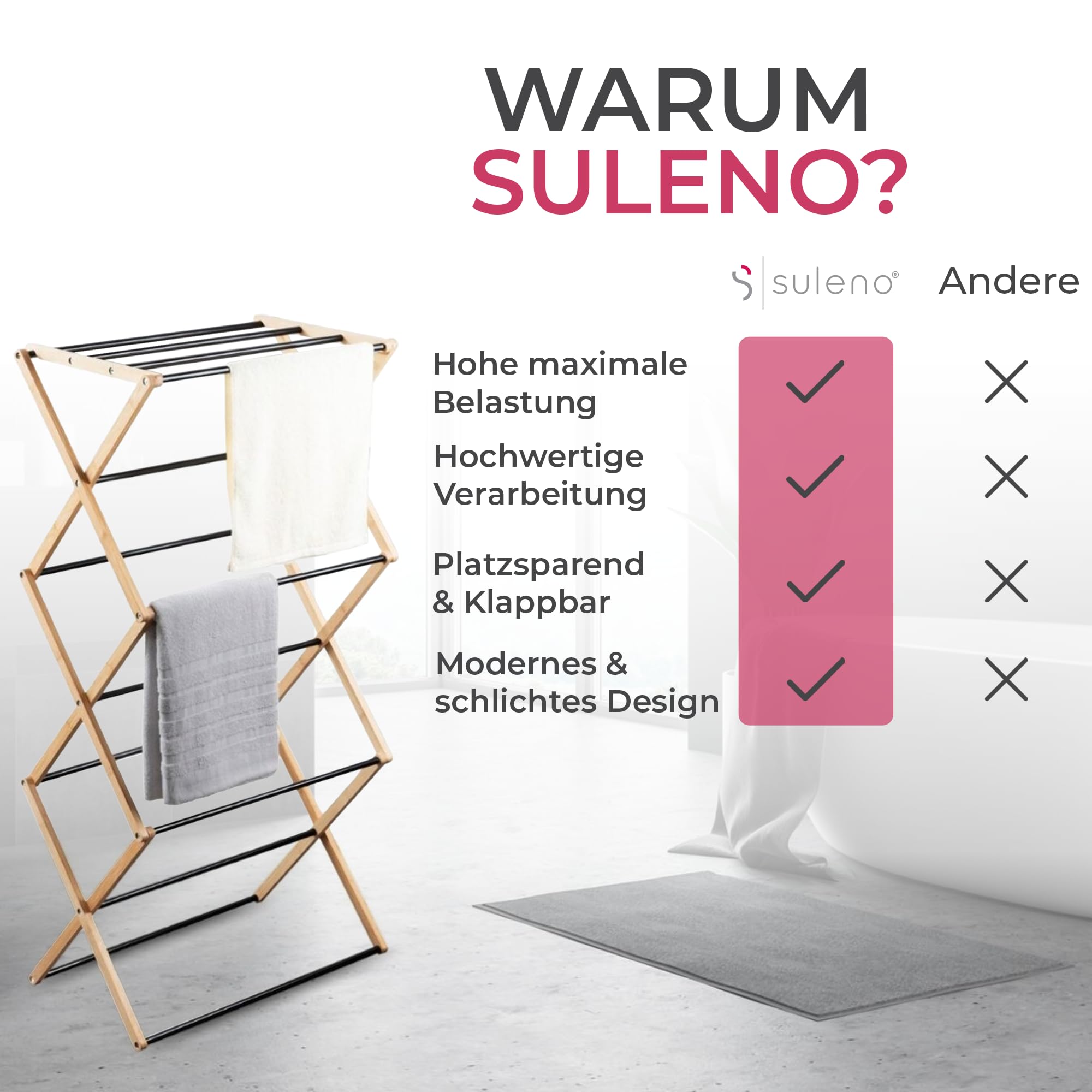 Suleno Bambus Wäscheständer Bali, 57x113cm Klappbar & Ausziehbar | Platzsparend, 11 Metallstangen, 6 Ebenen, Leicht, Ideal für kleine Wohnungen, Enge Räume & Balkon, Innen/Außen, Faltbar, Turm