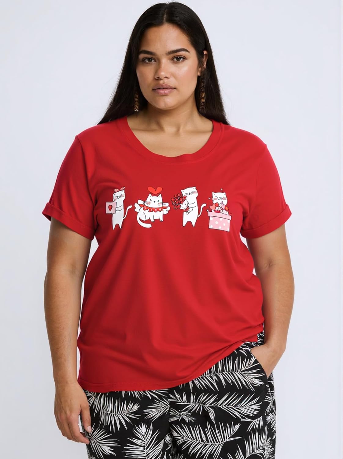 Floral Cat Valentines Shirt Women Womens Valentines T-Shirt Cat Lover Valentines Gift Tee Tops - Image 8