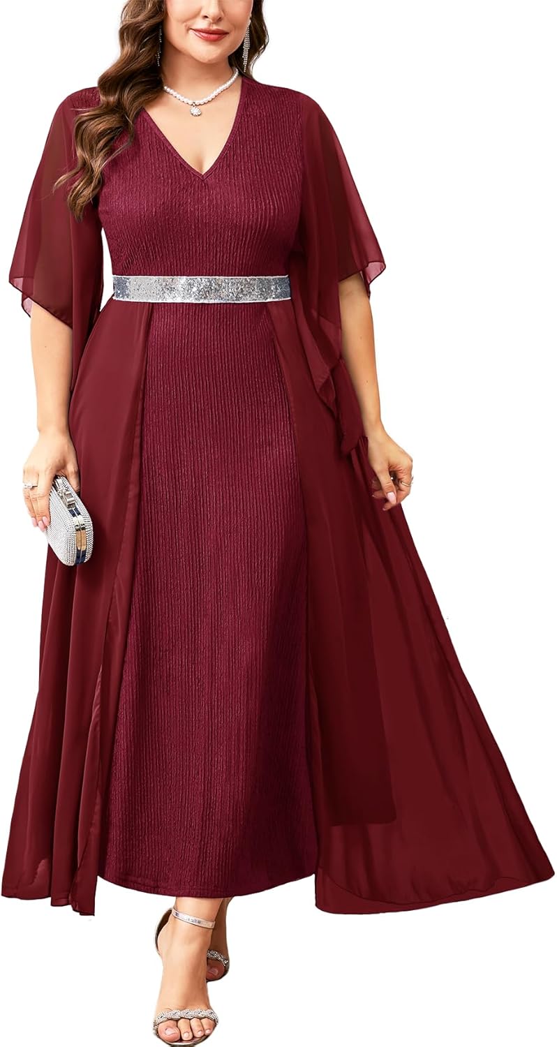 ZOMVA Plus Size Formal Dress V Neck Chiffon Handkerchief Sleeve Mother of Bride Dresses Wedding Guest Party Evening Gown