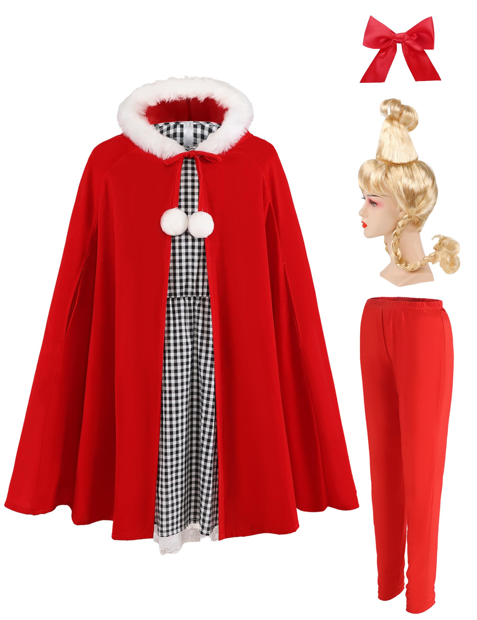 Togake Costume for Adult Women Girls Christmas Dress with Blonde Wig Cosplay Party Suit Outfit Red Cape