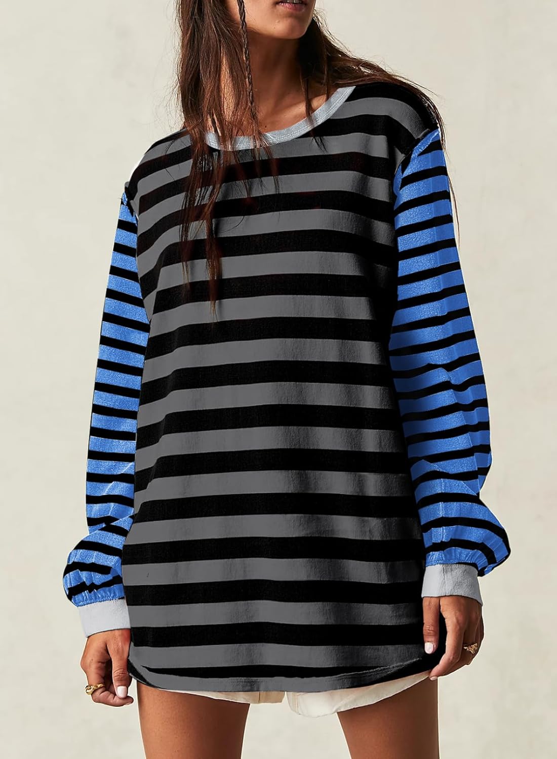BLENCOT Women's Oversized Patchwork T Shirts Fall Long Sleeve Striped Color Block Loose Fit Pullover Tops - Image 2