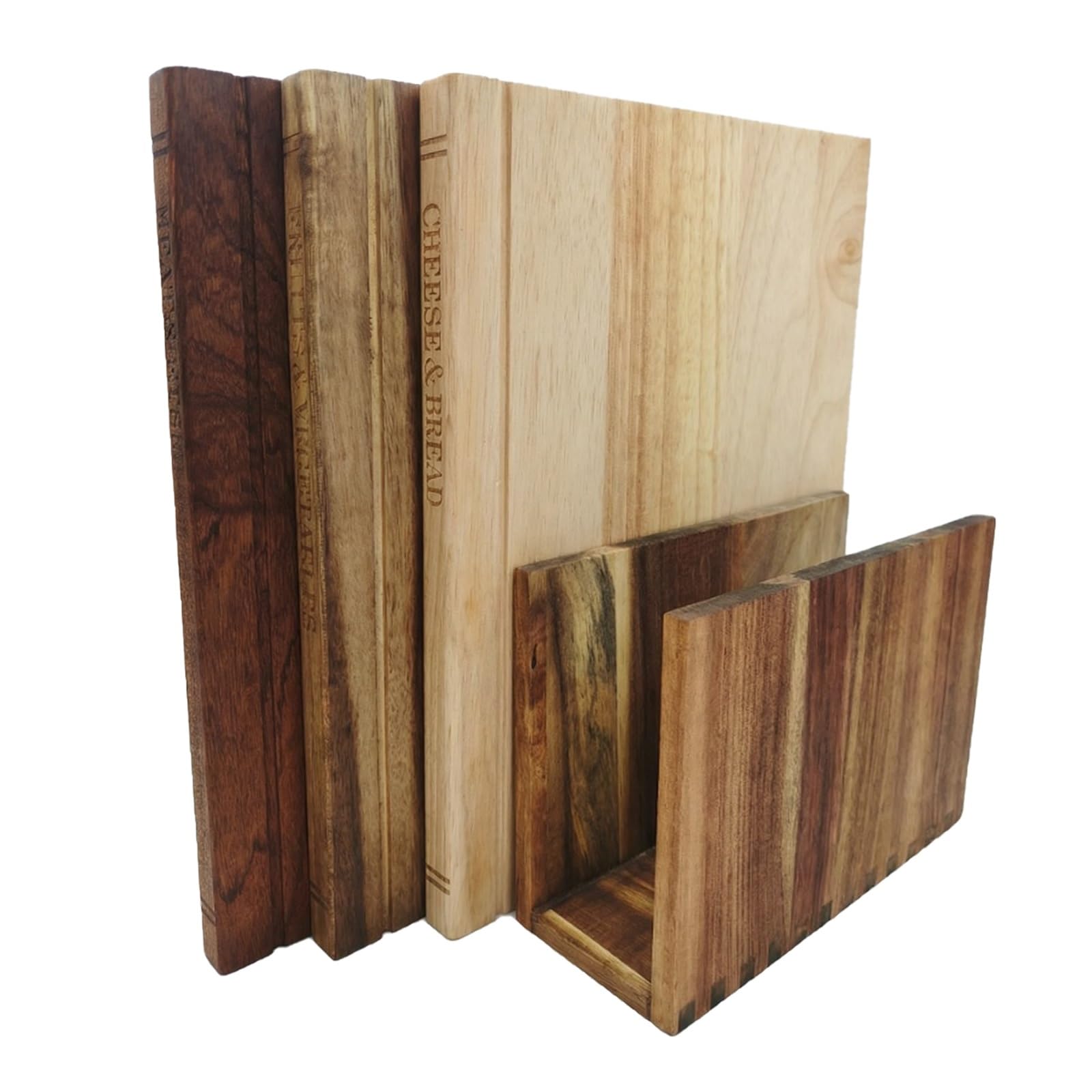 3-teiliges Buch-Schneidebrett-Set für Küche, 100% Akazienholz mit Ständer, Dekorative Holz-Schneidebretter ideal als Geschenk für Mama, Einzug, Geburtstag – 33×25,5×2 cm