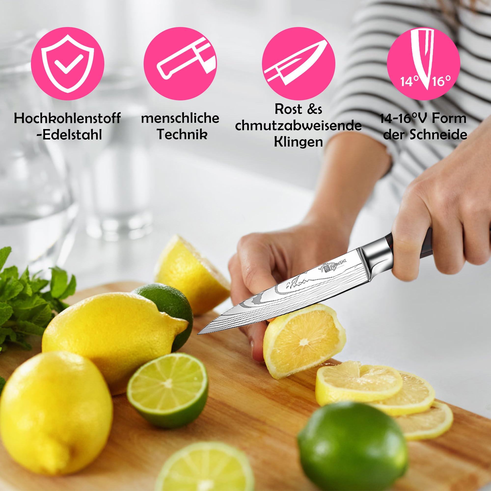 JUANSHI® 4-częściowy zestaw noży – profesjonalny zestaw noży kuchennych z wysokiej jakości stali nierdzewnej, ostre ostrza, w tym Santoku, nóż kuchenny, nóż do chleba i nóż uniwersalny, idealny