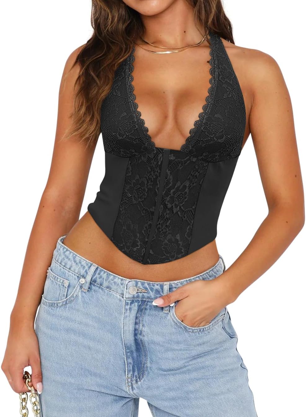 UNCOOYEE Women Sexy Lace Halter Neck Tank Top Sleeveless Backless Y2k Trendy Going Out Corset Crop Tops