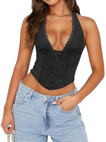 UNCOOYEE Women Sexy Lace Halter Neck Tank Top Sleeveless Backless Y2k Trendy Going Out Corset Crop Tops - Medium - Black
