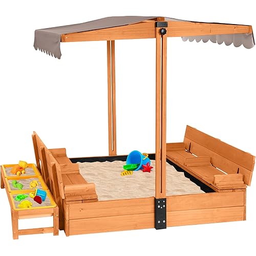 Aivituvin Kids Wooden Sandbox for Backyard, Large Sand Box with 2 Bench Seats and Toy Bin Storage- Bottomless Sand Pit