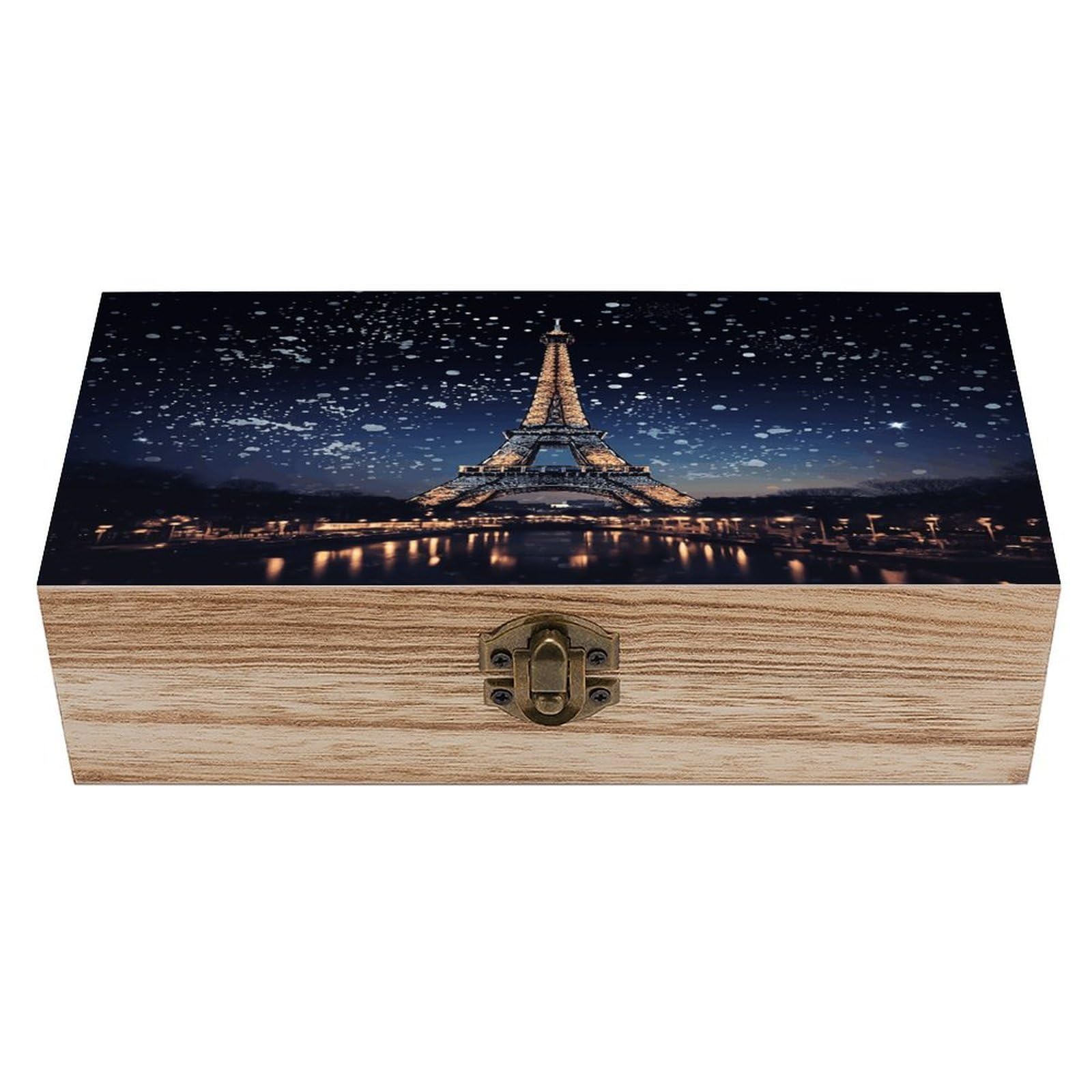 VstaDank Night Paris Eiffel Tower Wooden Storage Box with Hinged Lid Natural Wooden Box Beautifully Keepsake Boxes Vintage Wood Boxes Jewelry Organizer Trinket Storage Chest Unique Gift