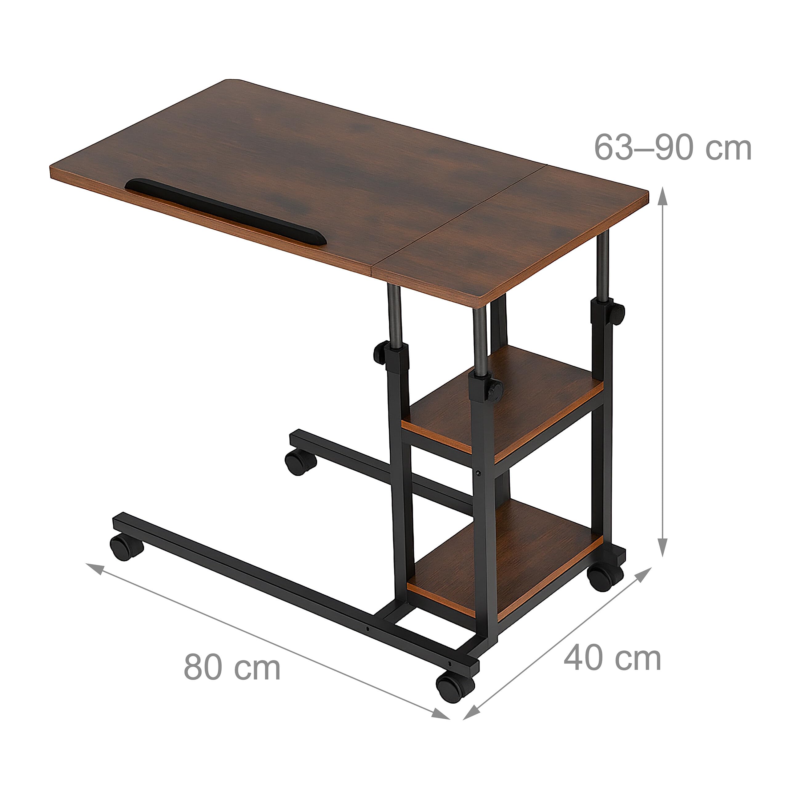 Relaxdays Laptoptisch, 63–90 cm höhenverstellbar, neigbar, Beistelltisch mit Rollen, 2 Ablagen, C-Form, braun/schwarz