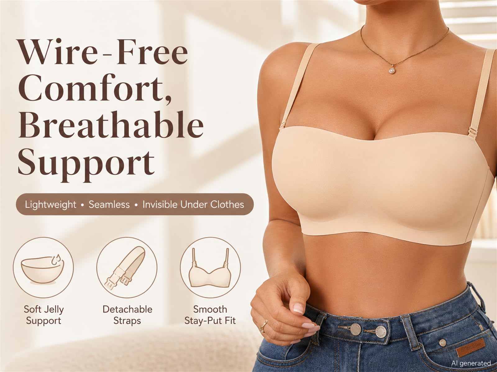 Reggiseno senza spalline senza spalline con supporto antiscivolo in | Cuscinetti semi-fissi, cinghie convertibili, quattro ganci posteriori di fila, liscio sotto i vestiti