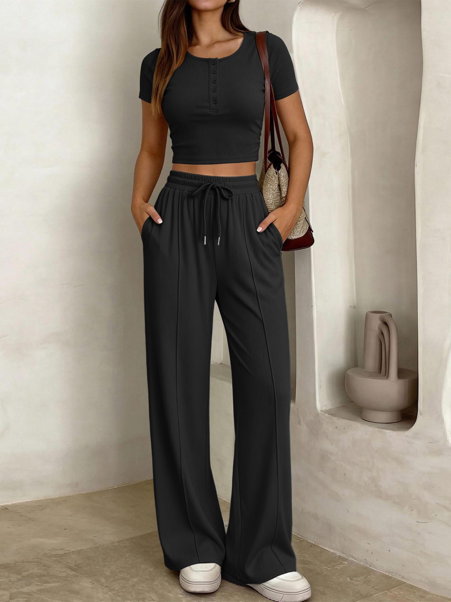 JFAN Ensemble Femme 2 Pièces Casual de Sport Slim Fit Short Sleeve Top et Cordon Pantalon avec Poches Loungewear Chic Outfit Été Automne Survêtement Suit