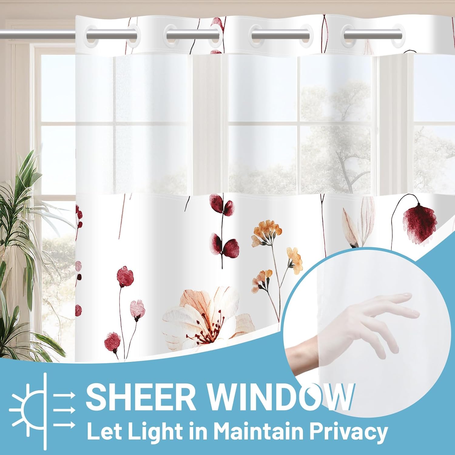 no hook shower curtain with snap in liner - floral shower curtain - fabric waterproof inner liner, plants watercolor burgundy flower modern shower curtains - machine washable, 71 x 74 burgundy flower 71"w x 74"l (pack of 1)