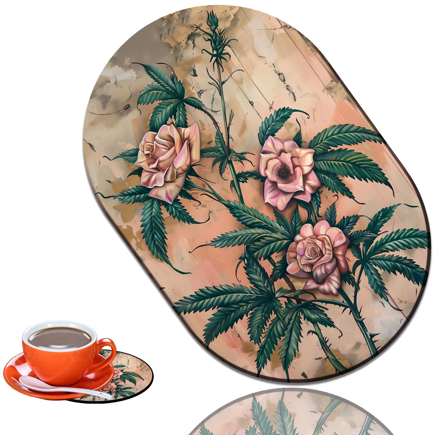Smooth Surface Gaming Mousepad and Coaster Set, Beautifully Patterned Non-Slip Rubber Mousepad Suitable for Office and Home Mousepads, Vintage Rose