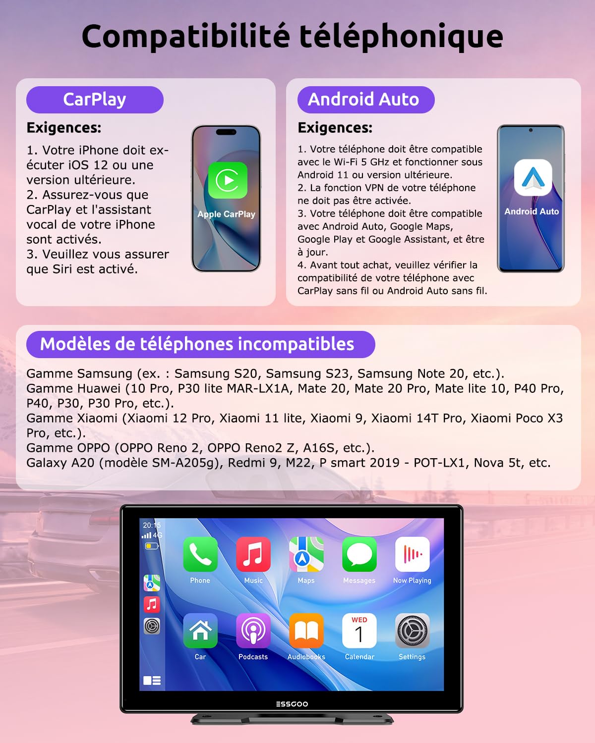 ESSGOO 9 Pouces Écran Voiture CarPlay sans Fil avec Caméra de Recul