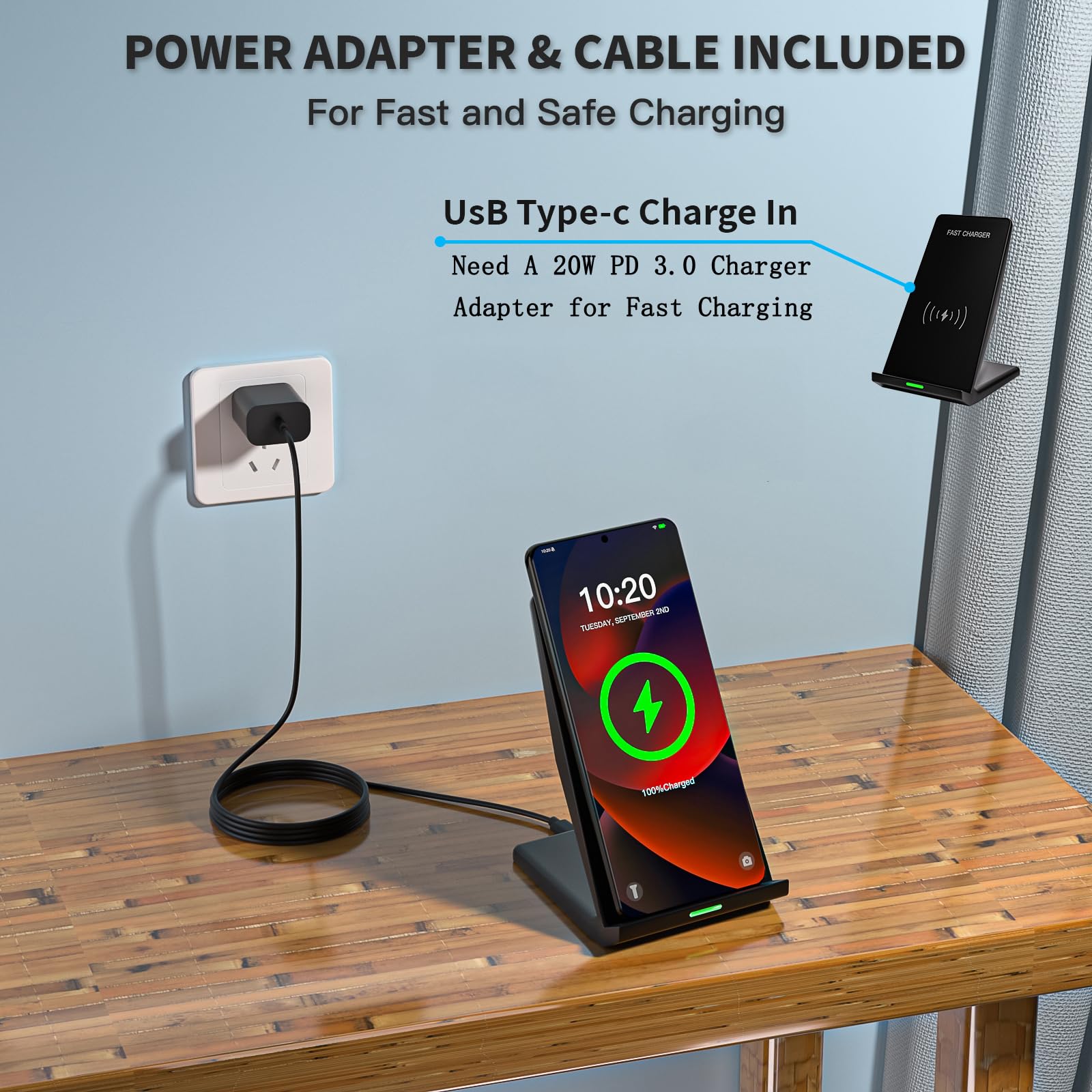 Rvelon Schnelles kabelloses Ladegerät, Computer Wireless Charging Stand mit 20W USB PD Adapter für Samsung Galaxy S25/S24/S23/S22/S21/Note 20, Pixel 8/7 Pro, für iPhone 17 Pro Max/17