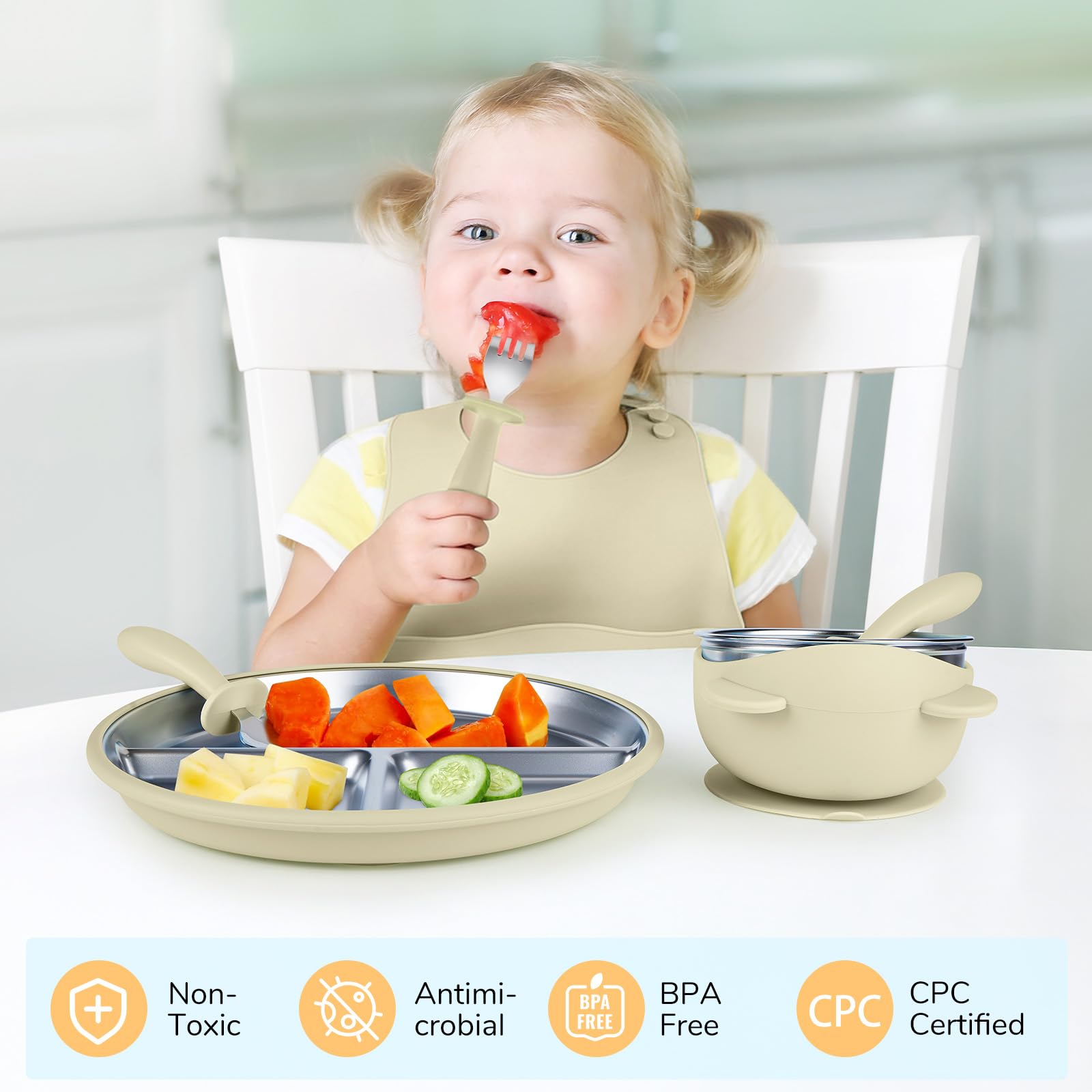 Set per l'alimentazione del bambino in acciaio inossidabile, lavabili in lavastoviglie, piatti divisi per lo svezzamento a LED, per bambini da 6 a 12 mesi (set di 4)