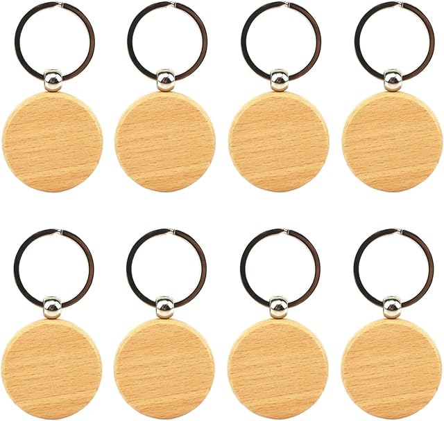 Gad2go 8 Pieces Wooden Key Chain Round Blank Wooden Keyring 40x40x7mm Wooden Key Tag for DIY Craft Wedding Birthday Gifts Tags