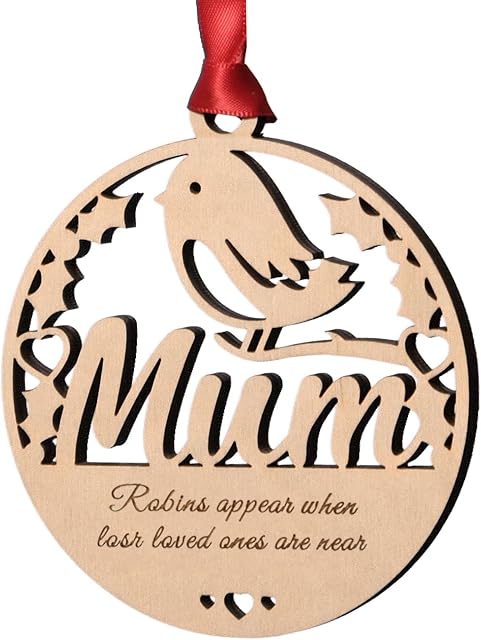 Alphabet barn Mum Memorial Christmas Tree Decoration Robin Plaque Wooden Bauble Remembrance Robin In Loving Memory Gift