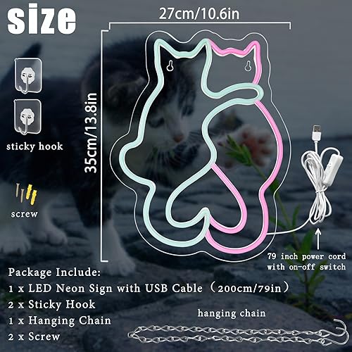 Miniatura 3 de Letreros de neón con dos gatos, letrero de neón LED para decoración de pared, lindas luces de neón de gato, arte de pared 3D Kawaii animal para