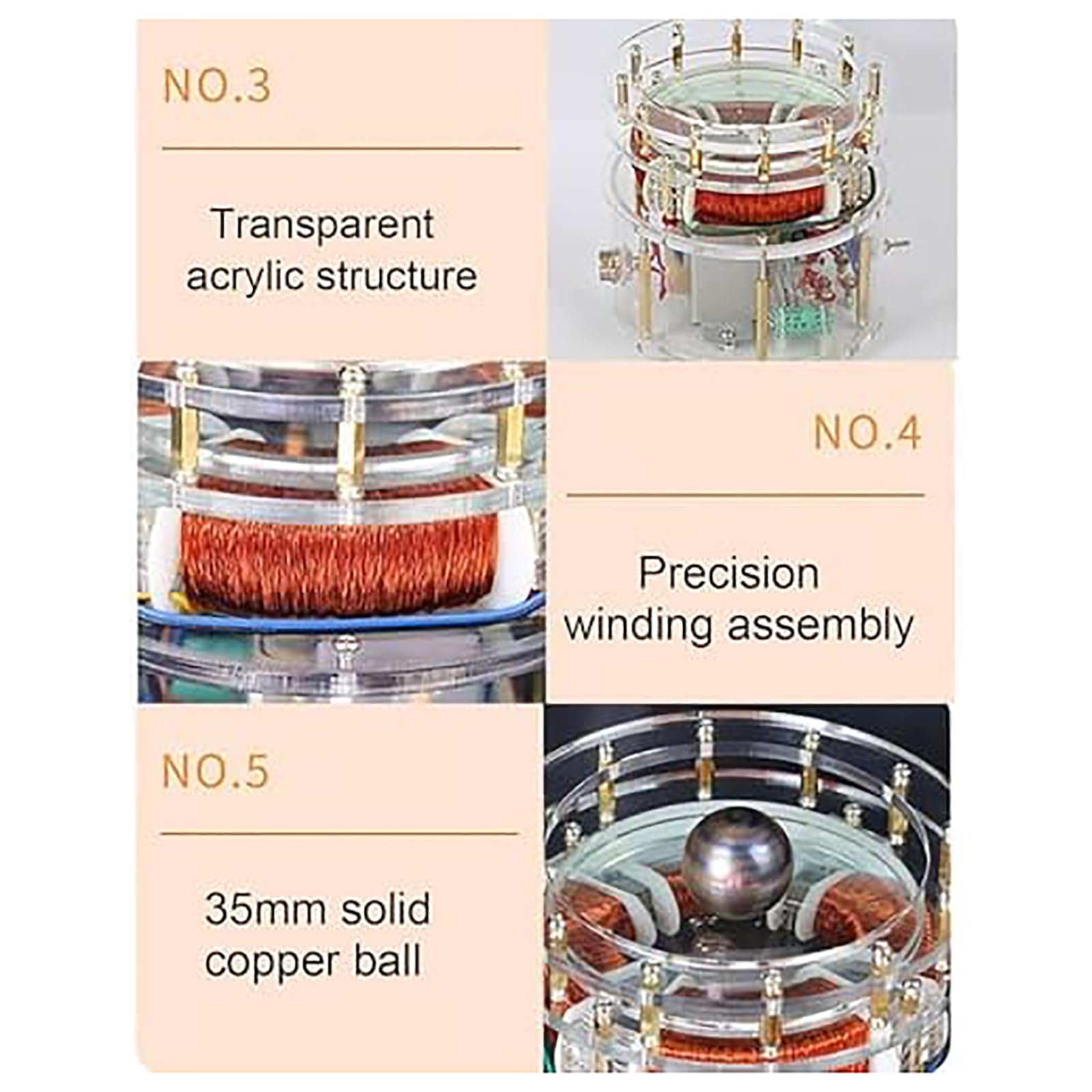 NGARY Elektromagnetyczny model laboratoryjny cyklotronu, obracający się mini model pola magnetycznego z kulką 35 mm z litego mosiądzu, inspirujące umysły naukowe, prezent dla dzieci i młodzieży