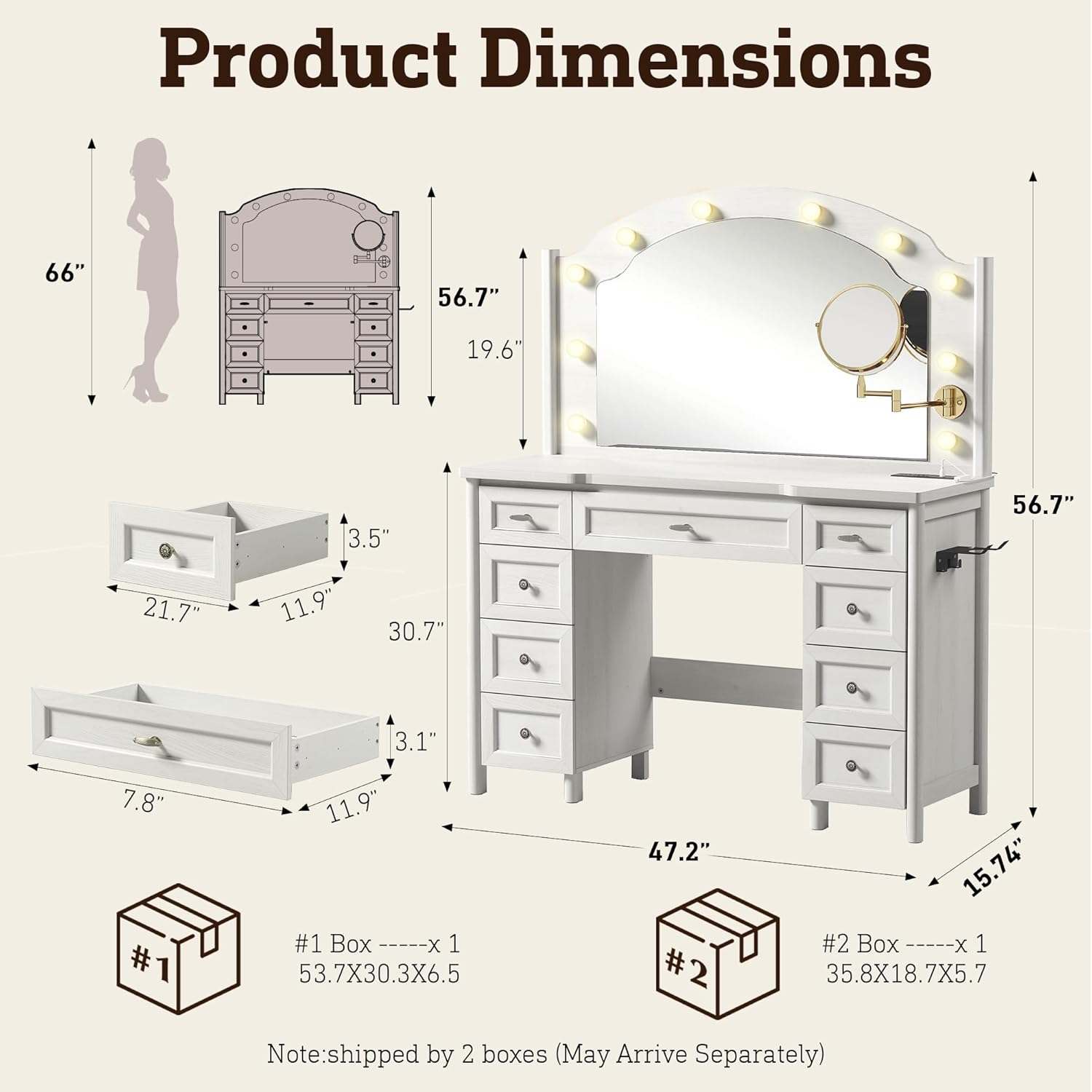 STO'SENSE Vanity Desk with Mirror and Lights, Makeup Vanity Table with 9 Drawers, Magnifying Mirror & Power Outlet, Large Vintage Dressing Table for Women & Girls Bedroom (White)