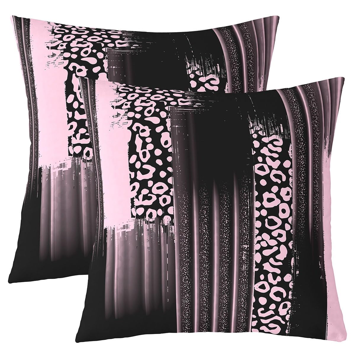 Loussiesd Pink Black Reversible Throw Pillow Covers 55x55cm Abstract Leopard Pillow Covers Home Decor for Kids Teens Adults Ombre Stripes Square Cushion Covers Set of 2 Modern Art