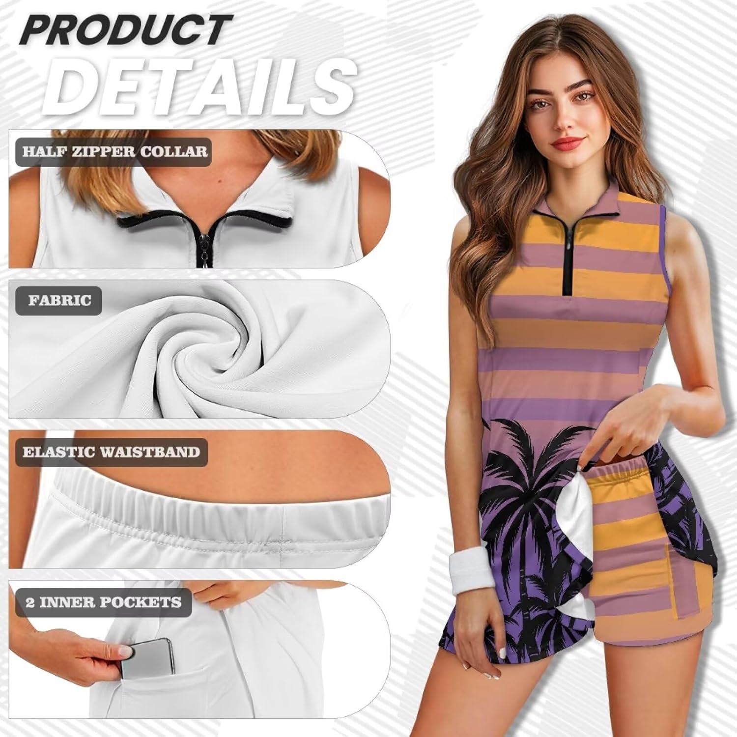 Tennis Dresses for Women Zip Front Outfits with Shorts Pockets Sleeveless 2 Piece Outfits