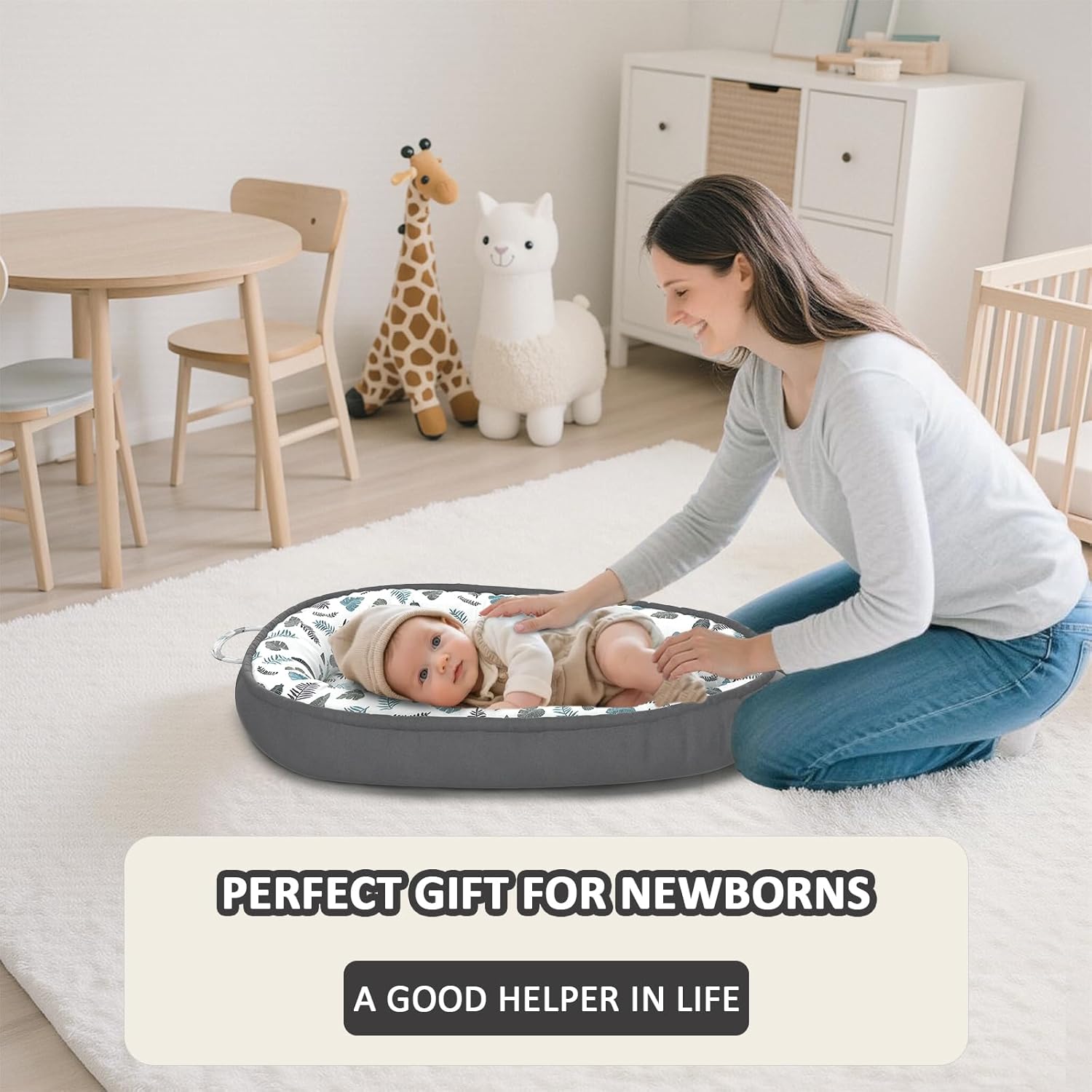 Baby Lounger - 100% Cotton Baby Lounger for Newborn with Lounger Cover, Portable Baby Nest for Home and Travel, Waterproof Lining, Newborn Babies Essentials Gifts