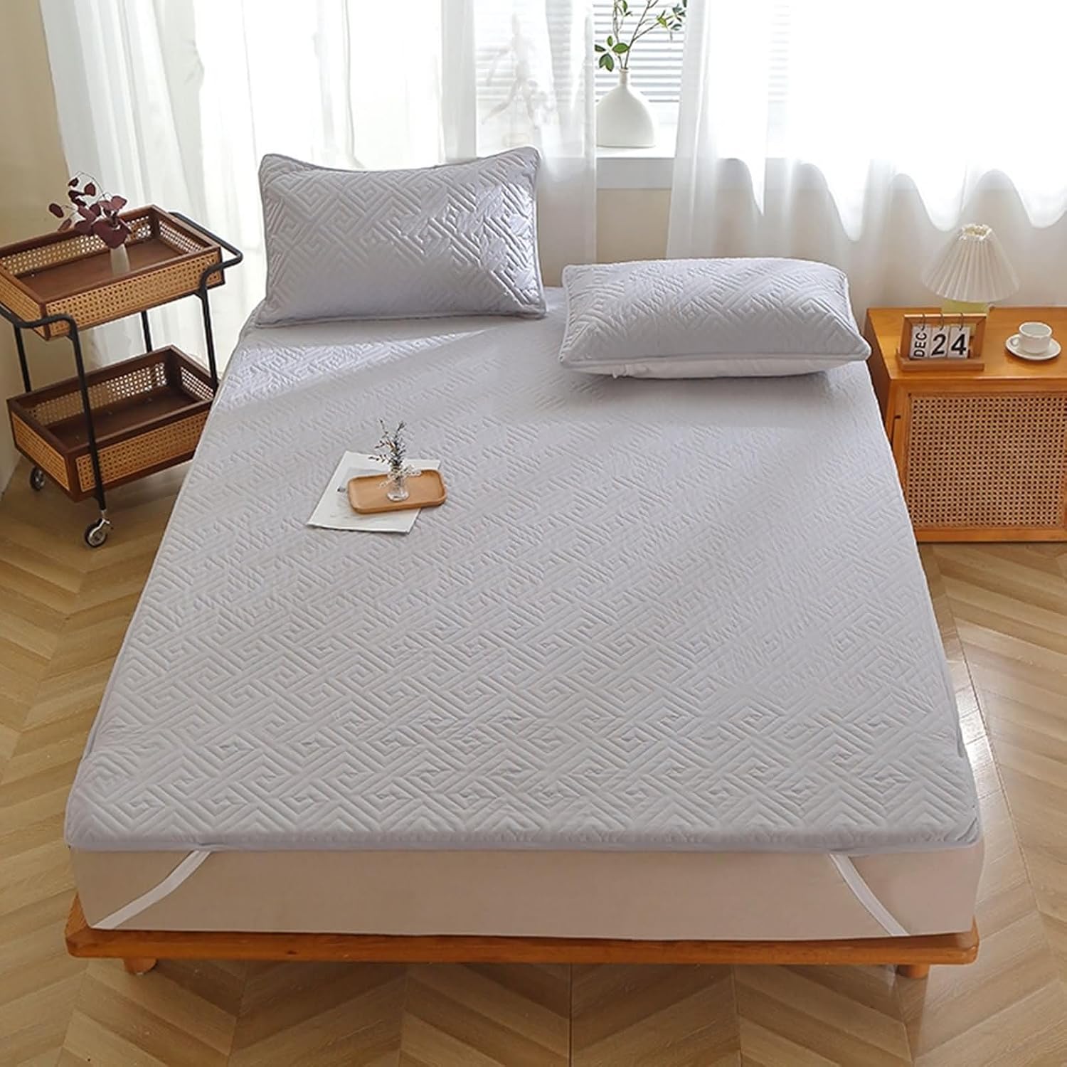 ANAZOZ Beige White Bed Pads Cotton, Solid Color Queen Size Mattress Protector, 59"x79"