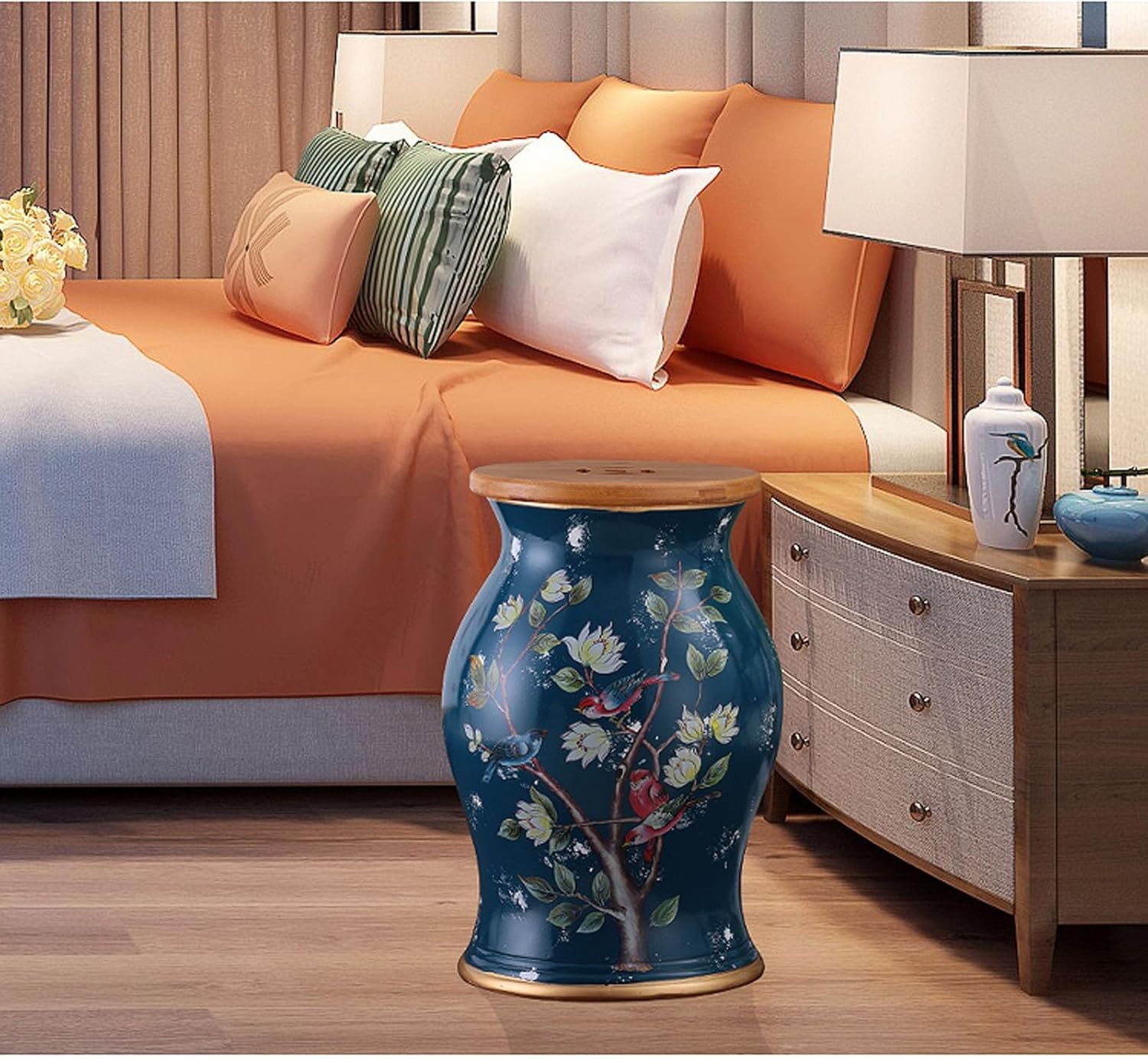 Glazed Ceramic Garden Stool - Hand-Painted Stool Chinese Style Drum Side Table for Cottage, Bathroom, or Porch(I)
