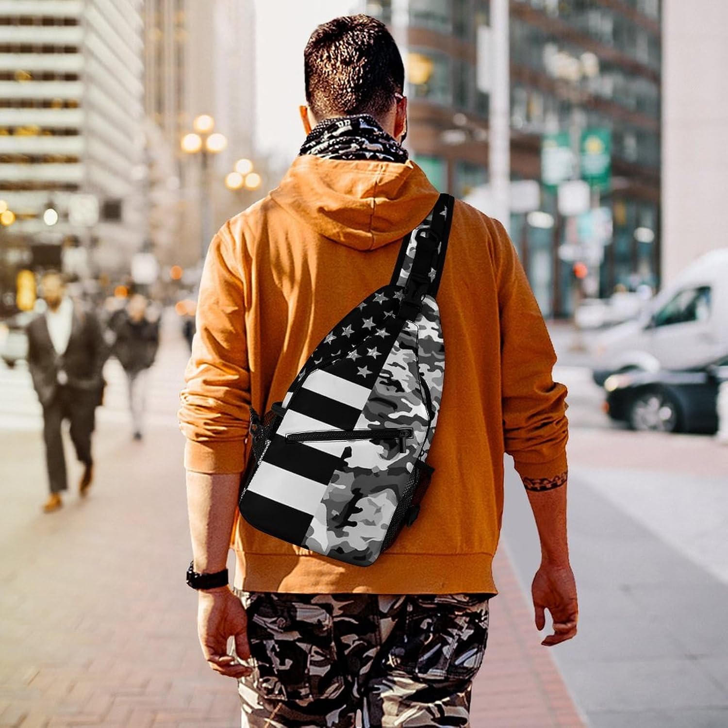 Army Green Camouflage US Flag Men Crossbody Sling Backpack Chest Bag | Travel Fanny Pack,Hiking Daypack,Print Shoulder Bags