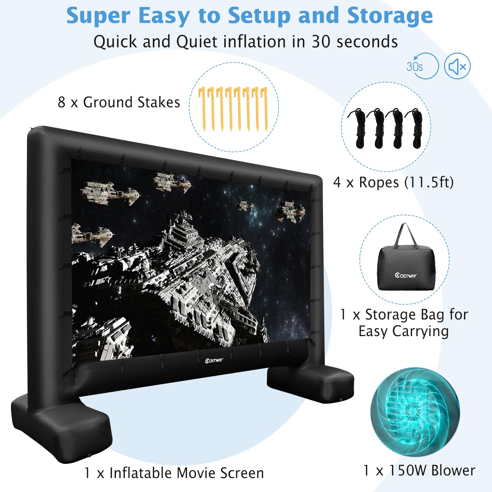 GOPLUS Ecran Gonflable Exterieur 4/4,5/5 m, Écran Geant Gonflable Videoprojecteur Projection Cinema avec Ventilateur, Sac Rangement, Piquets Sol, Installation Facile, Double Face (317 x 179 cm)