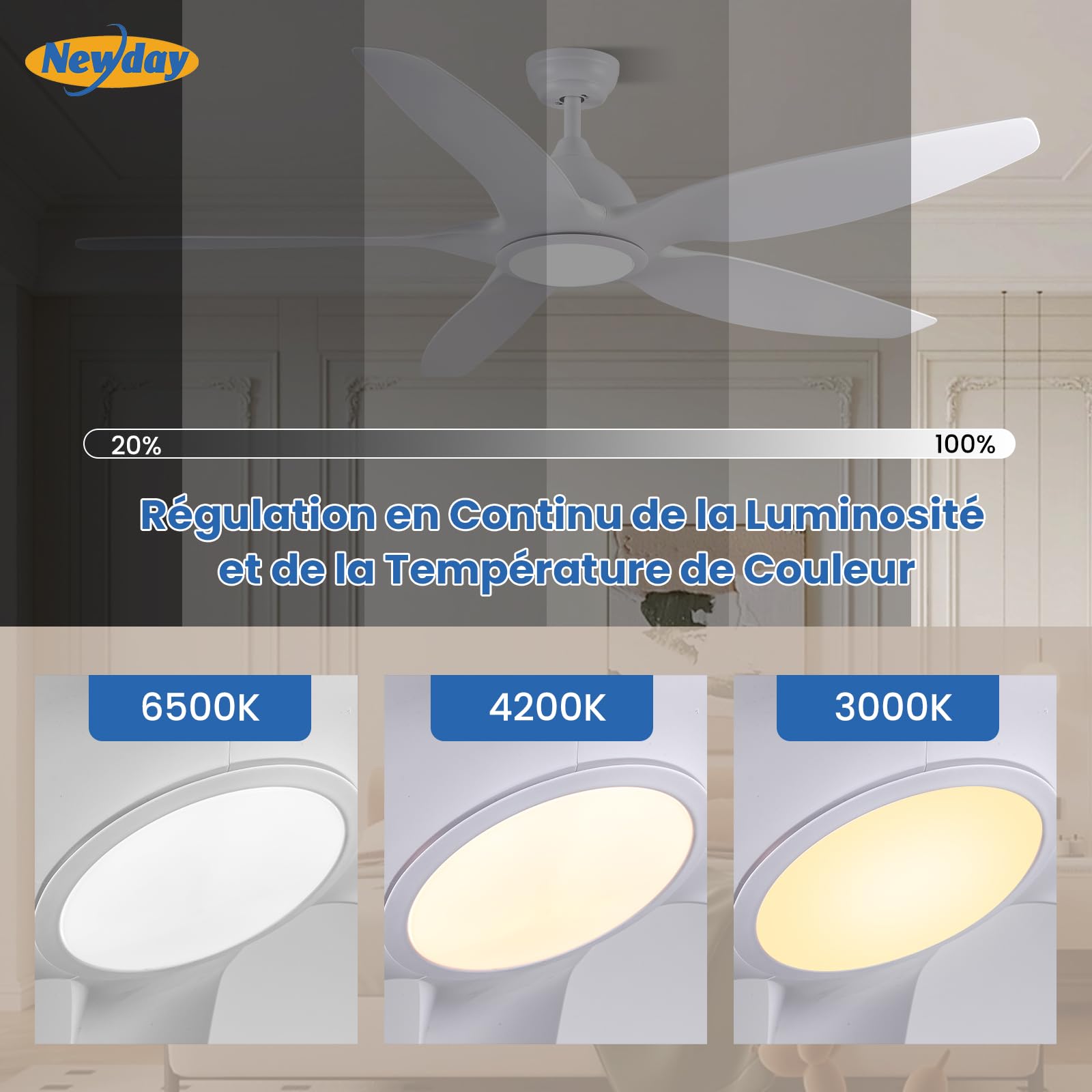 Newday Ventilateur de Plafond Blanc 153cm avec Lumiere et Télécommande Silencieux, Moteur DC Réversible, 5 Pale Minuterie Dimmer