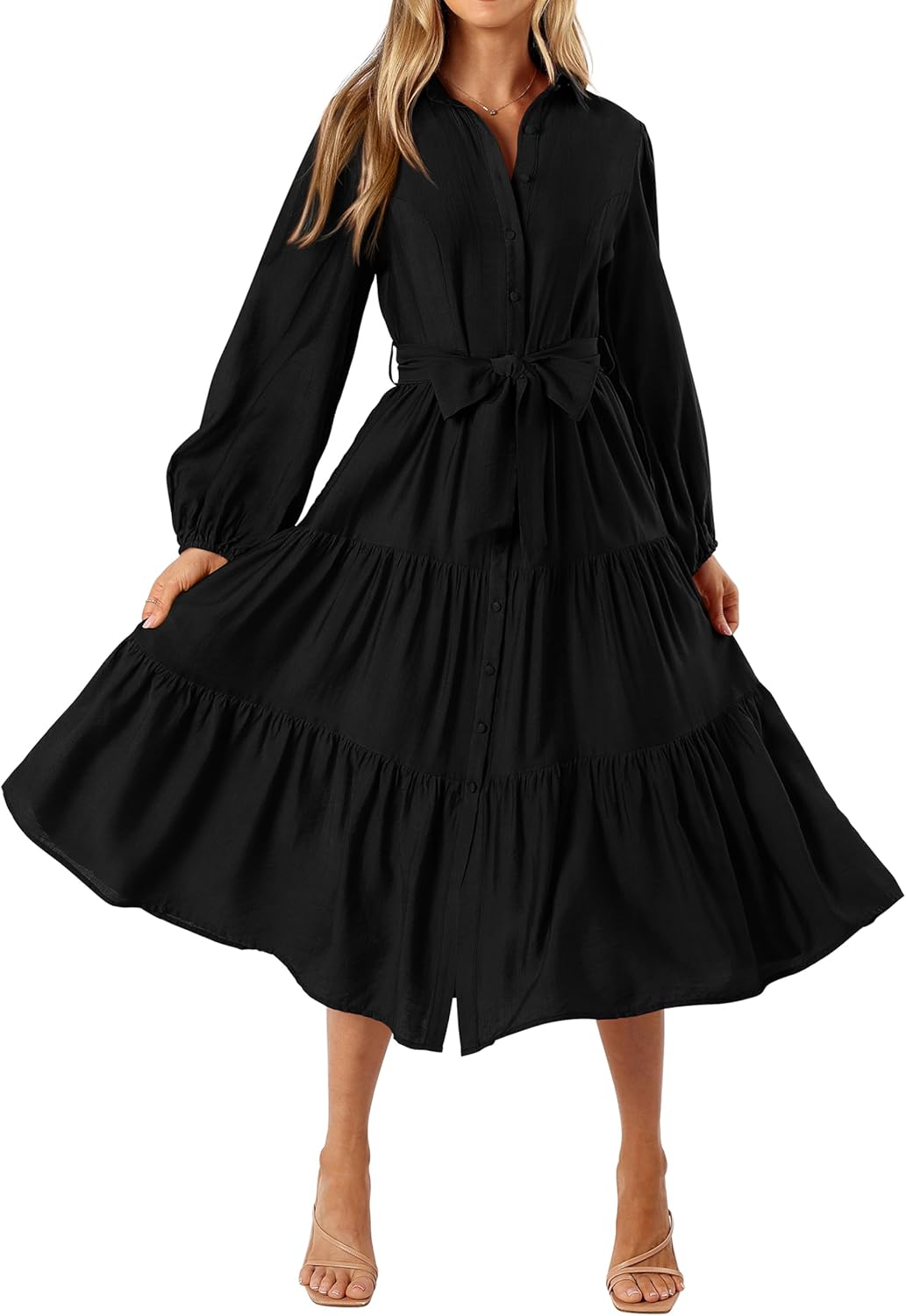MASCOMODA Womens Dresses 2024 Fall Long Sleeve Midi Dress Casual V Neck Button Down Tiered Flowy Aline Tie Waist Shirt Dress Medium Black