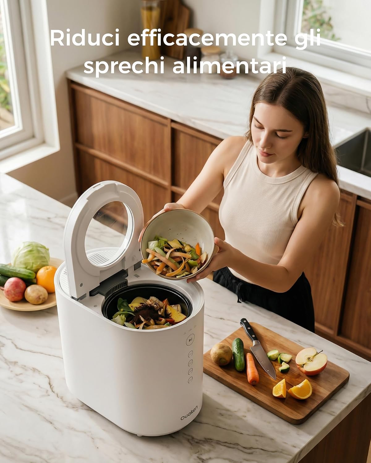 Woman adding food scraps to Ouaken OK-255 Composter