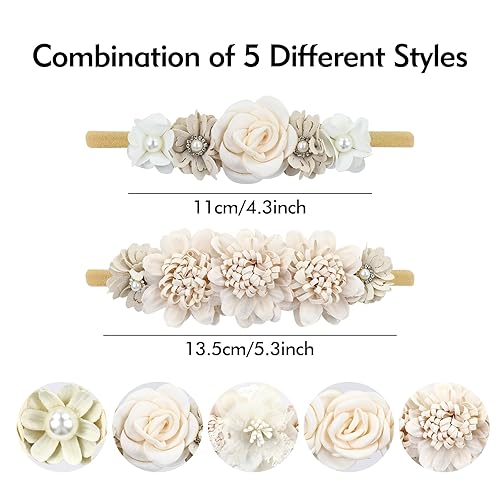 Miniatura 5 de Cinaci 5 diademas de nailon súper elásticas y suaves con flores, para bautizo, tiaras florales, coronas, accesorios para el cabello para recién