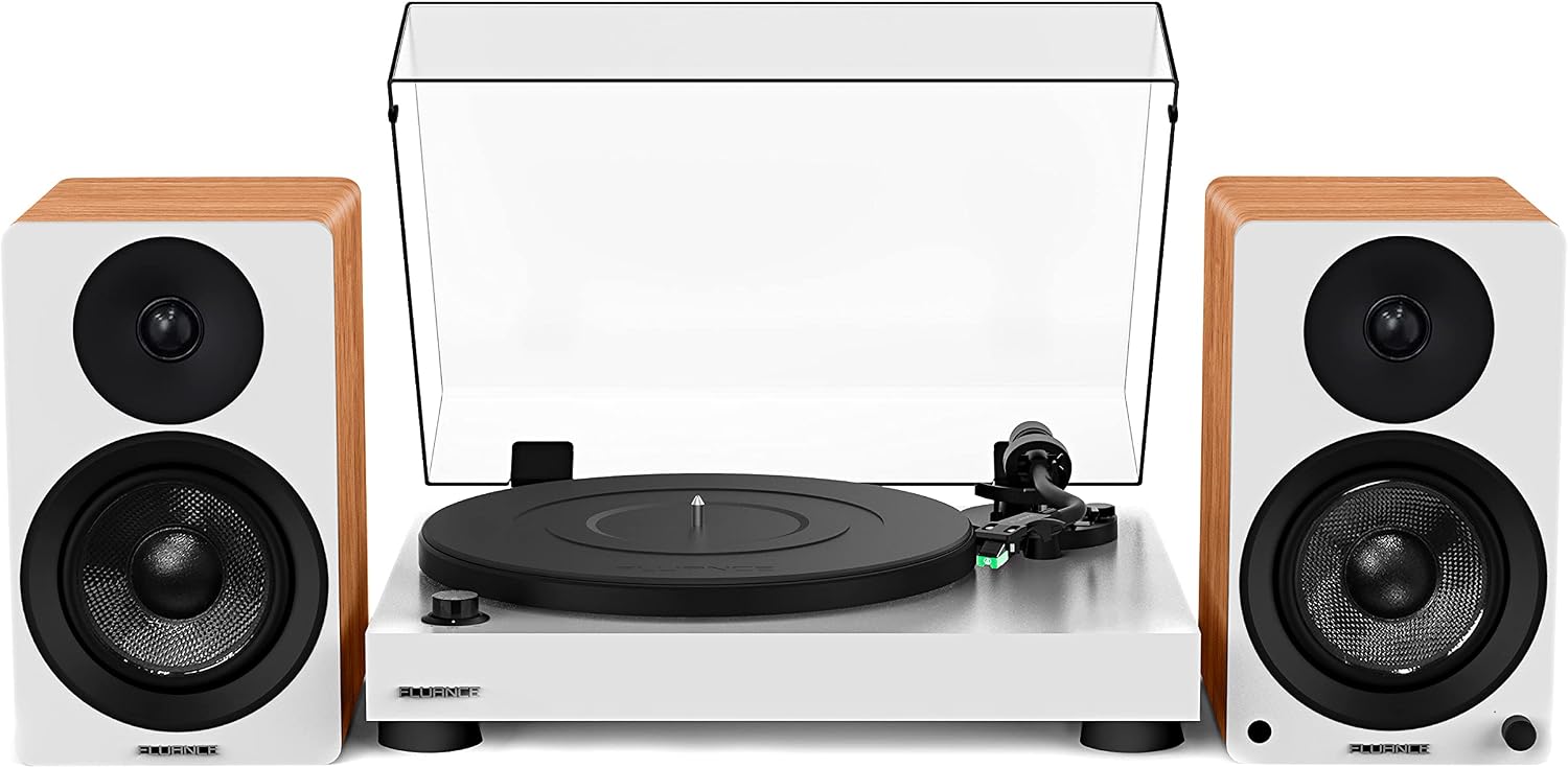 RT81 Elite High Fidelity Vinyl Turntable (White) with Ai41 Powered 5" Stereo Bookshelf Speakers (Lucky Bamboo), Diamond Stylus, Belt Drive, Built-in Preamp, 90W Class D Amplifier, Bluetooth