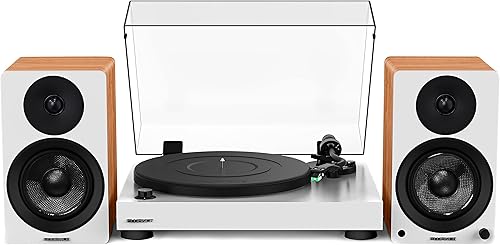 Fluance RT81 Elite Tocadiscos de vinilo de alta fidelidad (Blanco) con Ai41 Powered 5" altavoces de estantería estéreo (bambú suerte), lápiz de