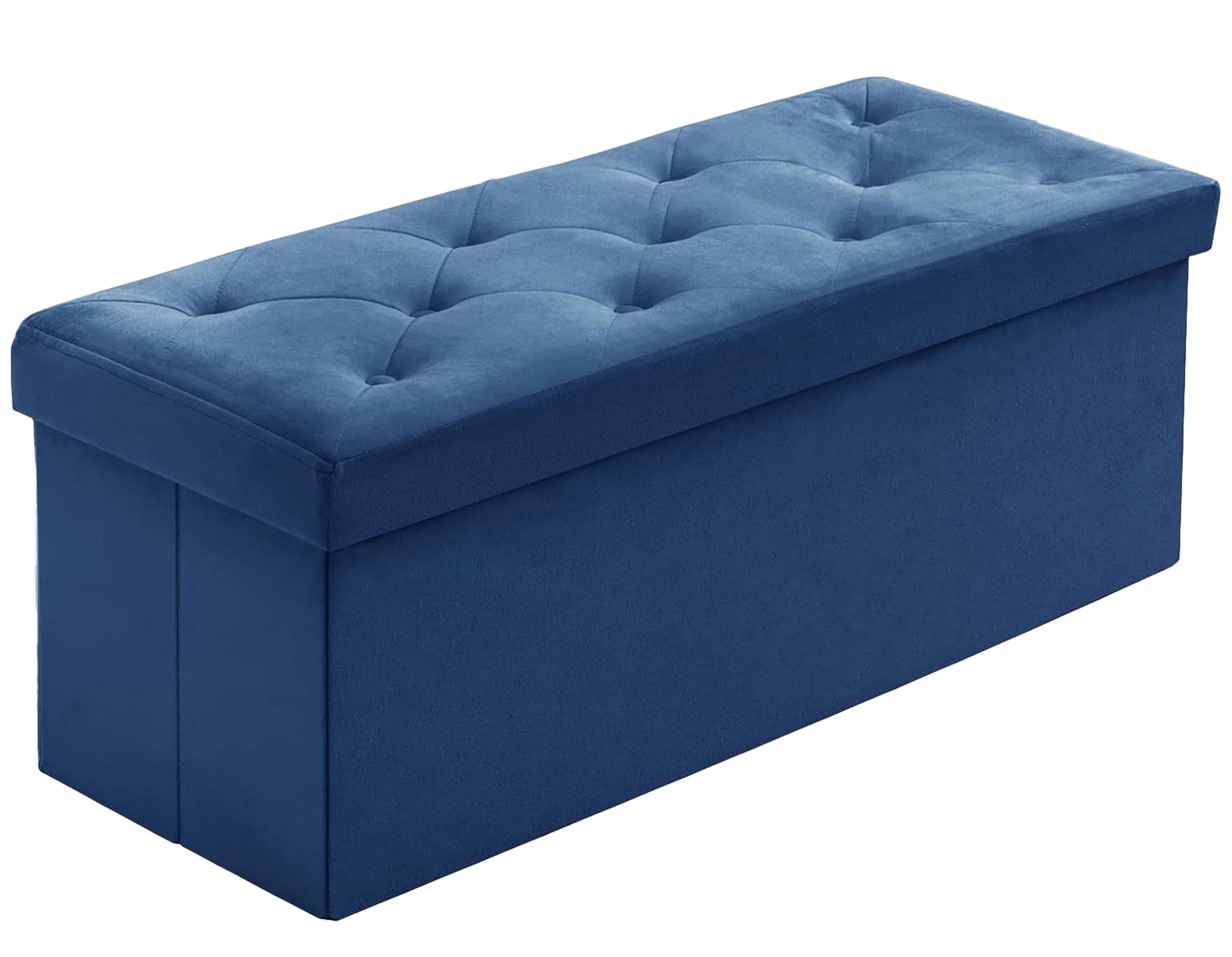 A406 Folding Ottoman Storage Box With Lids - Velvet Chest Footrest Pouffe Unit Bench Stool With Resilient Sponge for Bedroom, Living Room & Entryway - 76cm (Blue)