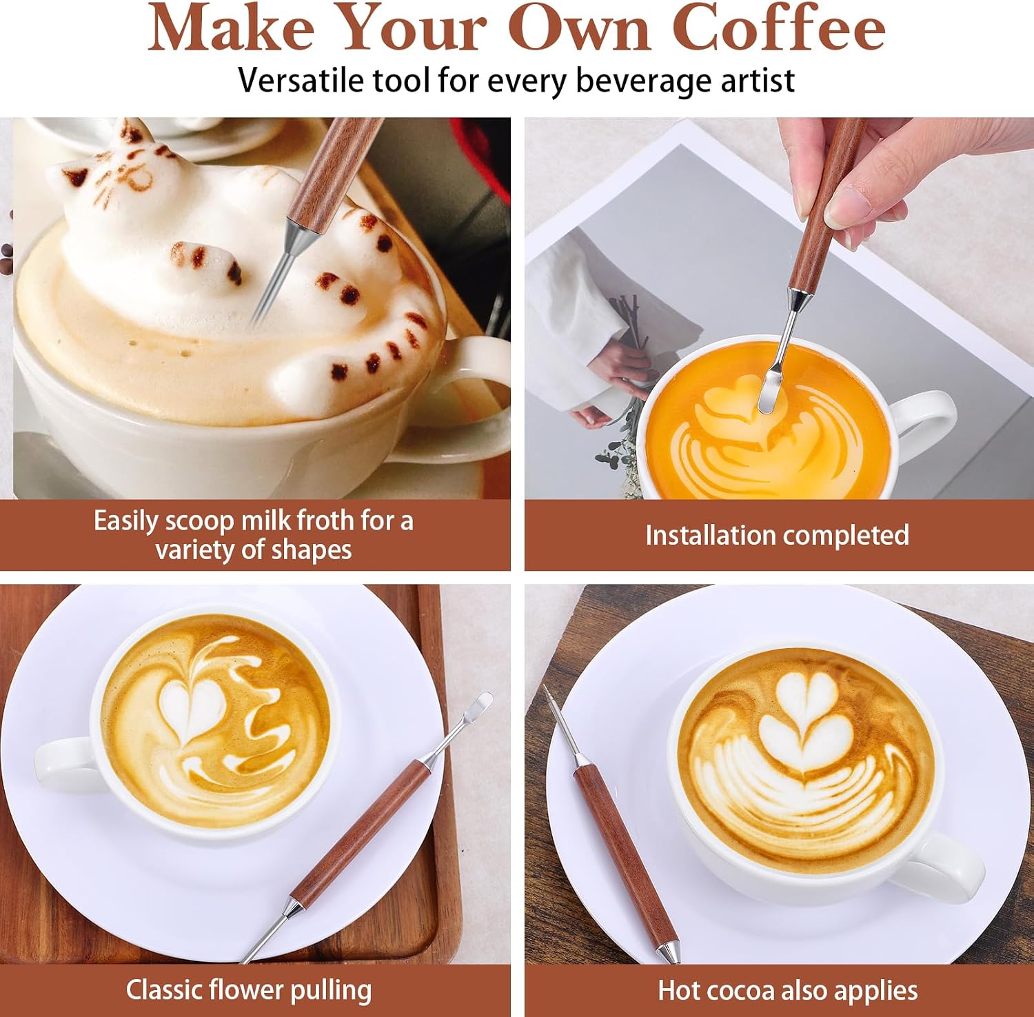 Sibba 3 PCS Dual-Ended Coffee Art Pen Drawing Pen with Wood Handle Latte for Baristas, Stainless Steel Barista Espresso Coffee Latte Art Needle for Cappuccino, Macchiato Designs for Home Cafe Bar