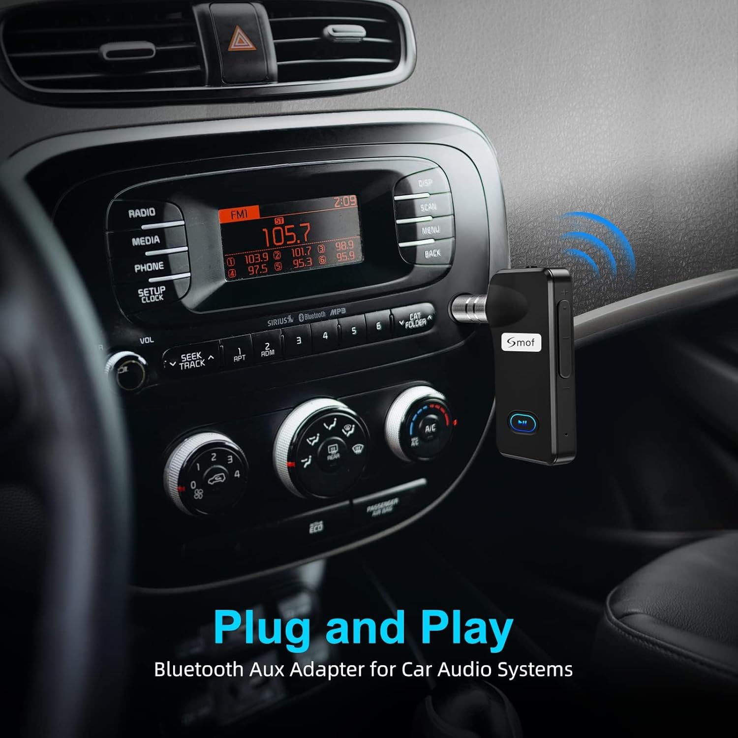 Smof Bluetooth adapter plugged into a car's AUX port