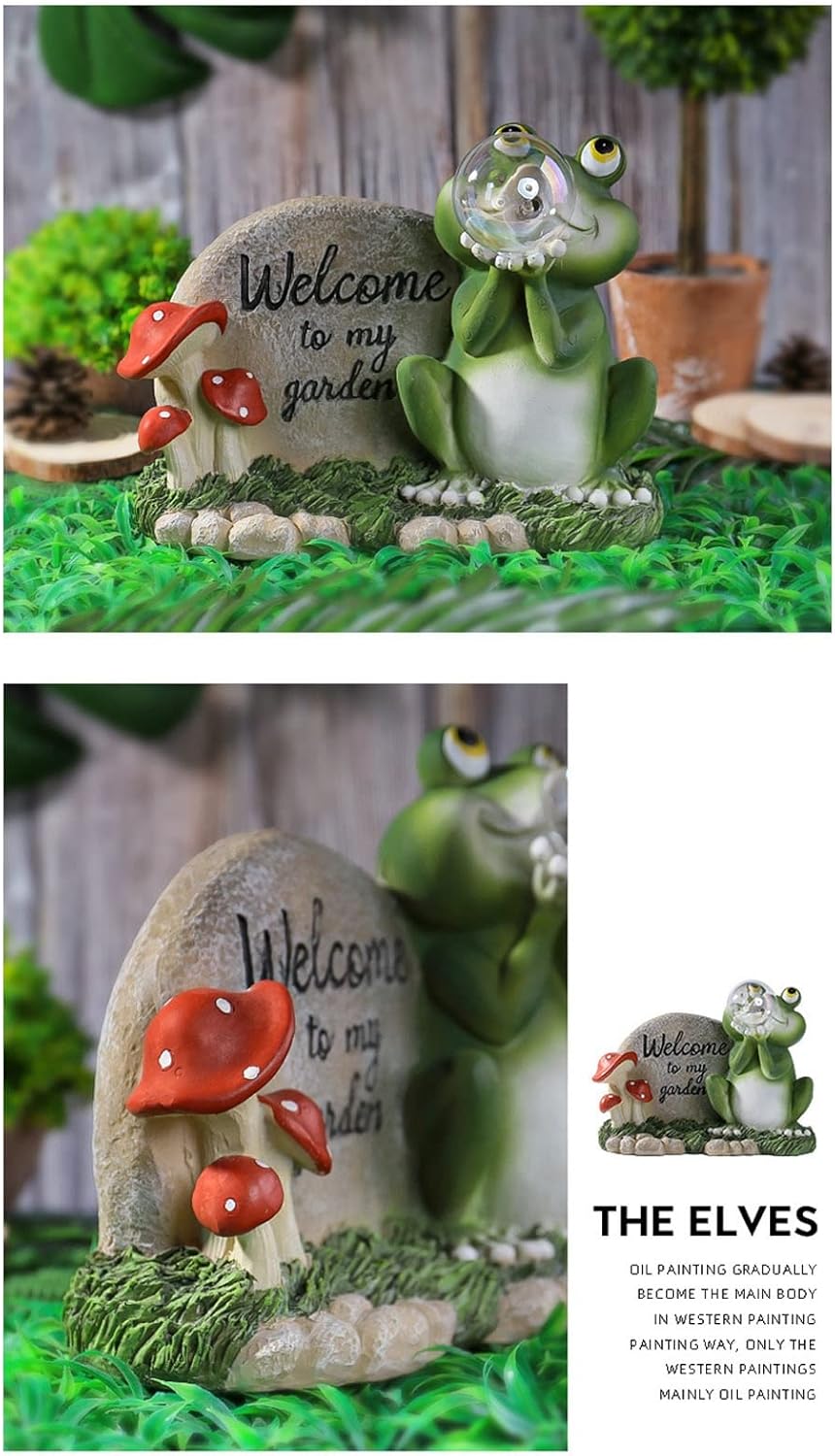 Garden Resin Statue Decoration with Solar Light, Garden Backyard Welcome to My Garden Resin Art Frog Sculpture Solar Powered LED Outdoor Decor Garden Light