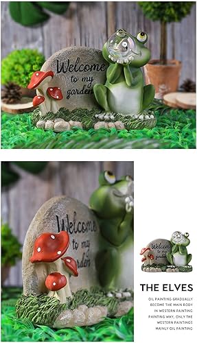 Miniatura 5 de Decoración de estatua de resina de jardín con luz solar, jardín patio trasero Welcome to My Garden Escultura de rana de resina con energía solar LED