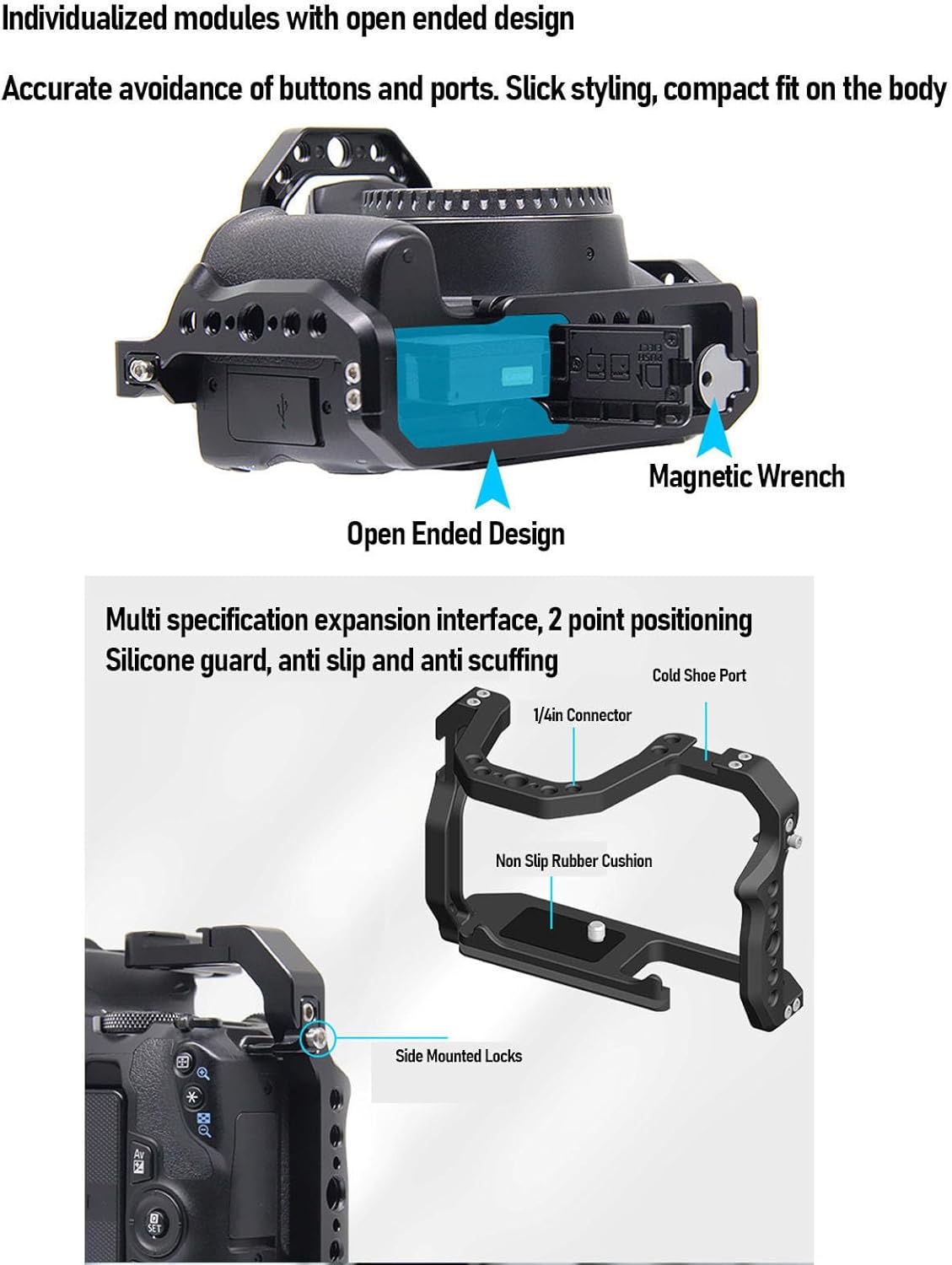 Camera Cage for 200D, 200D II, Aluminum Alloy Camera Stabilizer Extension Cage with Slick Sliding Quick Release