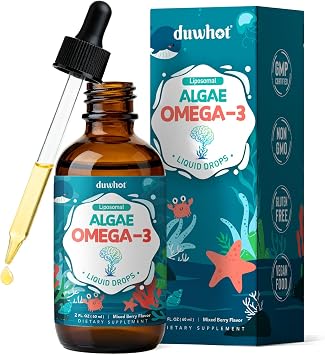 Liposomal Algae Omega 3 Liquid Drops, Vegan EPA DHA Supplement for Kids & Women, with Choline, Phosphatidylserine, Astaxanthin, Lutein & Zeaxanthin, Vitamins, Heart, Brain & Eye Health, 2 Fl Oz
