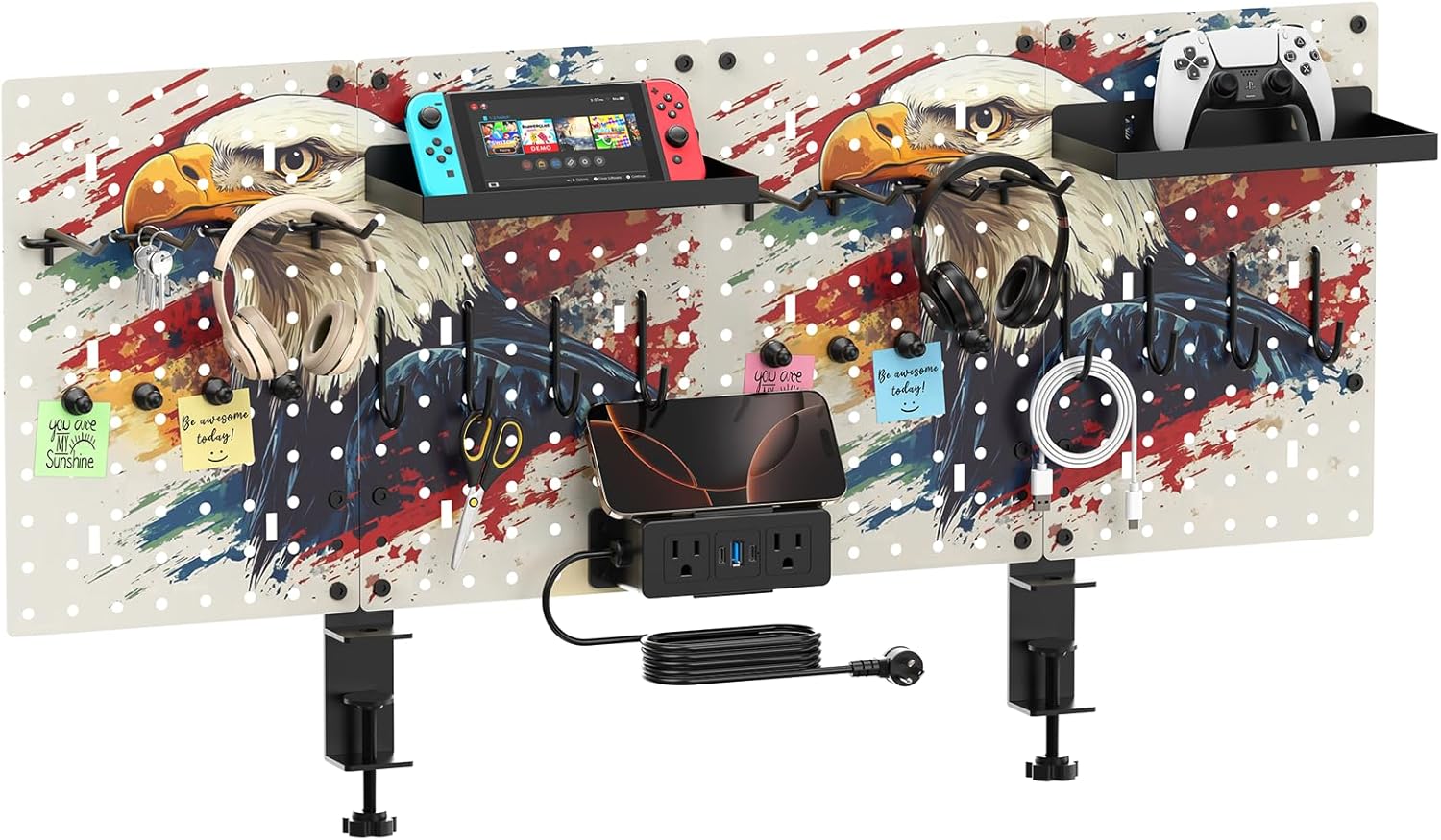 cccei modular pegboard desk organizer and storage, gaming office supplies shelf accessories with outlets and usb, metal privacy panels peg board deco clamp on table, gifts for men, 6ft. 6ft cord one set