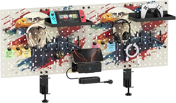 CCCEI Modular Pegboard Desk Organizer and Storage, Gaming Office Supplies Shelf Accessories with Outlets and USB, Metal Privacy Panels Peg board Deco Clamp on Table, Gifts for Men, 10FT.